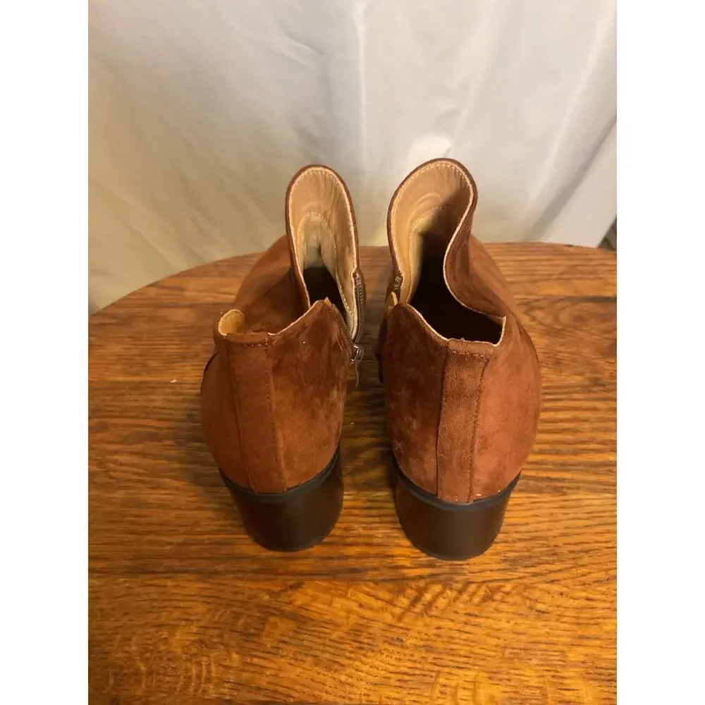 Women’s Brown Suede Ankle Boots Cutout Side Zip Block Heel Size 7.5